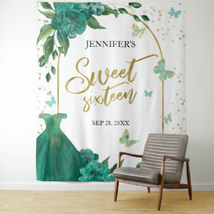 Sweet 16 Butterflys Emerald Green Gown Backdrop Tapestry