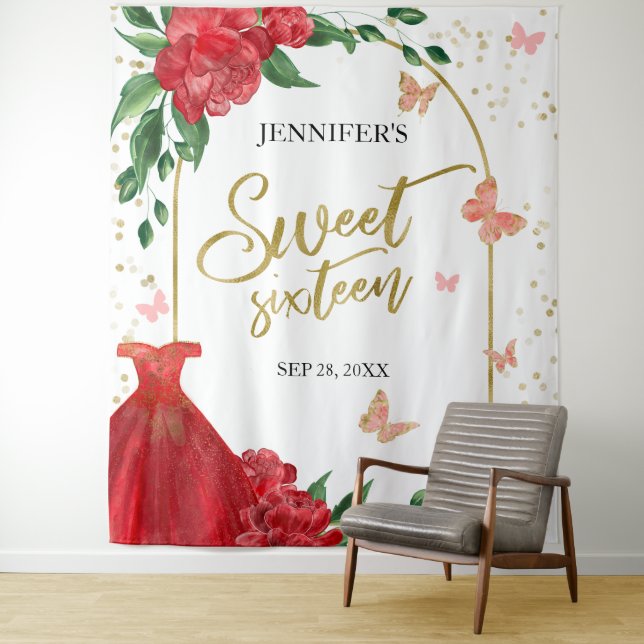 Sweet 16 Butterflys Emerald Red Gown Backdrop Tapestry (In Situ)