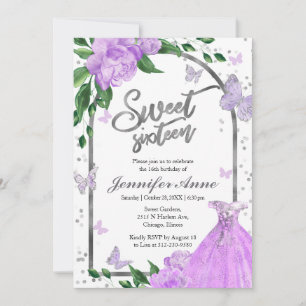 Sweet 16 Butterflys Lavender Gown Invitation