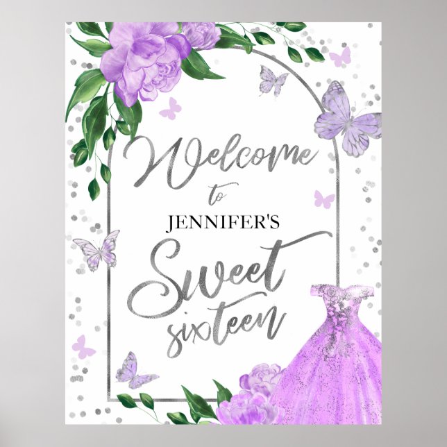 Sweet 16 Butterflys Lavender Gown Welcome Sign (Front)