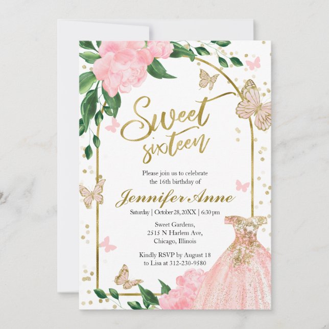 Sweet 16 Butterflys Pink Blush Gown Invitation (Front)