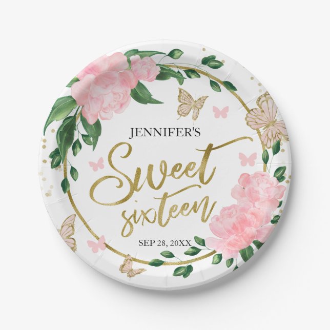 Sweet 16 Butterflys Pink Blush Gown Paper Plate (Front)