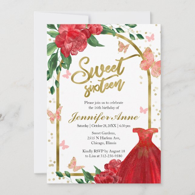 Sweet 16 Butterflys Red Gown Invitation (Front)