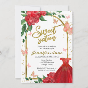 Sweet 16 Butterflys Red Gown Invitation