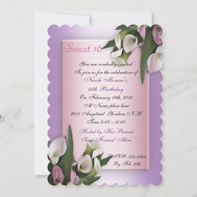 Sweet 16 calla lily birthday invitation elegant (Front)