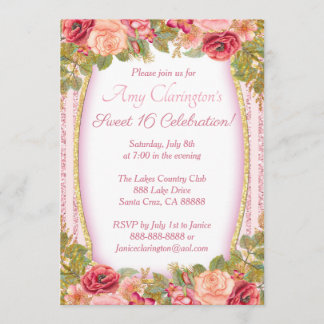Sweet 16 Card Pink Floral Gold Glitter