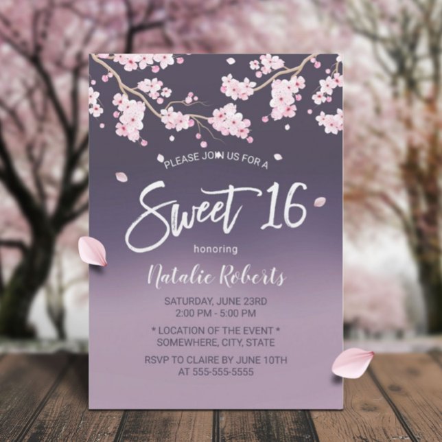 Sweet 16 Cherry Blossom Flowers Elegant Purple Invitation (Creator Uploaded)