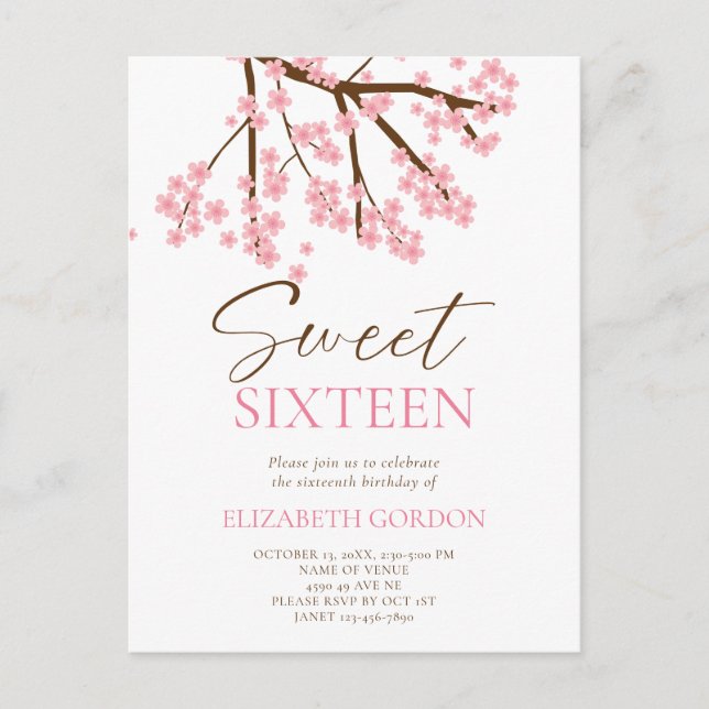 Sweet 16 Cherry Blossoms Birthday Spring Floral Postcard (Front)