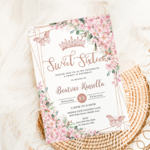 Sweet 16 Cherry Blossoms Rose Gold Butterflies  Invitation