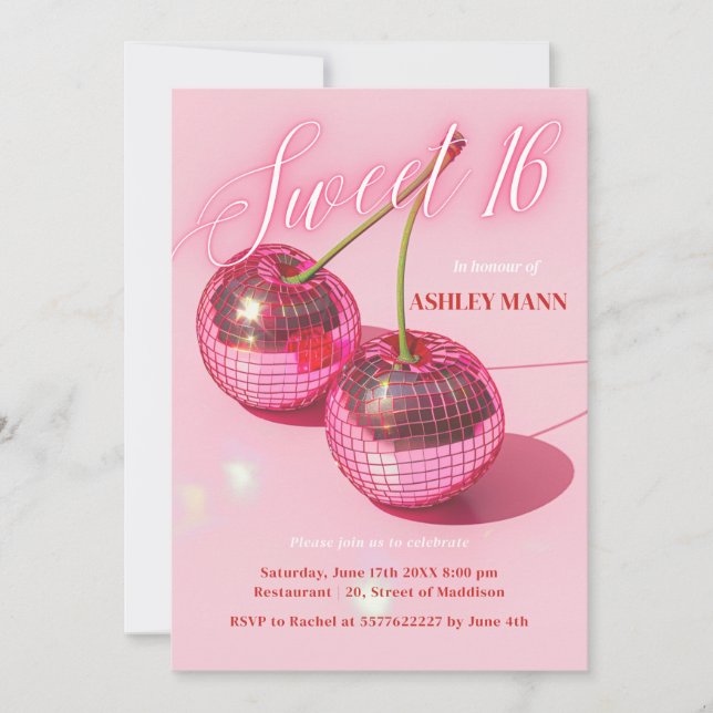 Sweet 16 Cherry Pink Discoball Birthday Invitation (Front)