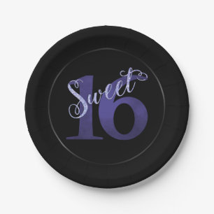 Sweet 16   Chic Black and Purple Watercolor Photo Paper Plate