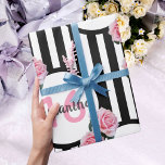 Sweet 16 chic pink roses black white stripes wrapping paper<br><div class="desc">Classic slim black and white vertical stripes as background. With girly, feminine and romantic pink roses as decoration. Perfect for an elegant 16th birthday party for her. White and black frames with templates for name and age. Age number 16 in pink, name in black. The name is written with a...</div>
