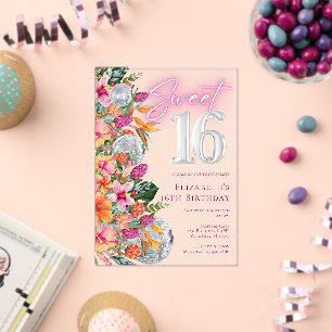 Sweet 16 Colorful Tropical Flowers Disco Birthday Acrylic Invitations