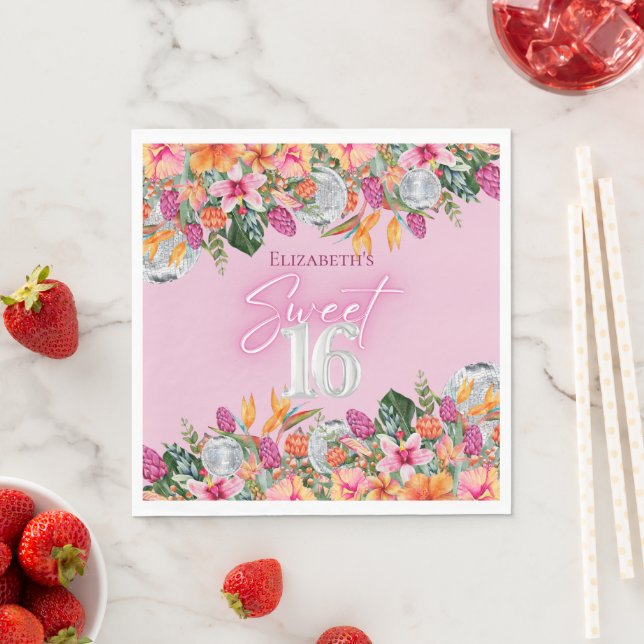 Sweet 16 Colorful Tropical Flowers Disco Birthday Napkin (Insitu)