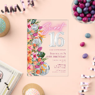 Sweet 16 Colourful Tropical Flowers Disco Birthday Acrylic Invitations