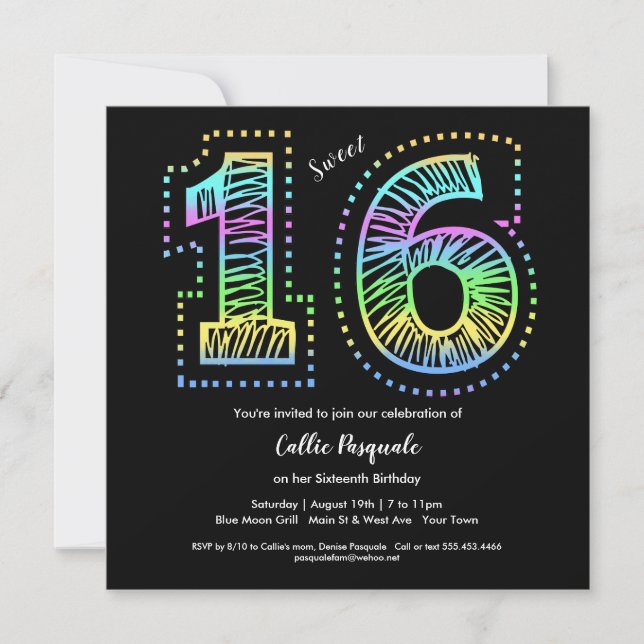 Sweet 16 Cool on Black Birthday Party Invitation (Front)