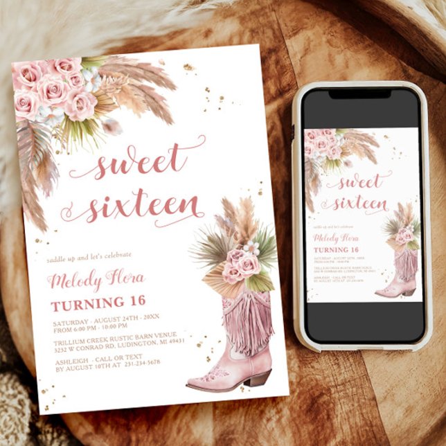 Sweet 16 Cowgirl Boot Pampas Grass Roses Birthday Invitation (Sweet 16 Cowgirl Boot Pampas Grass Roses Birthday Invitation)