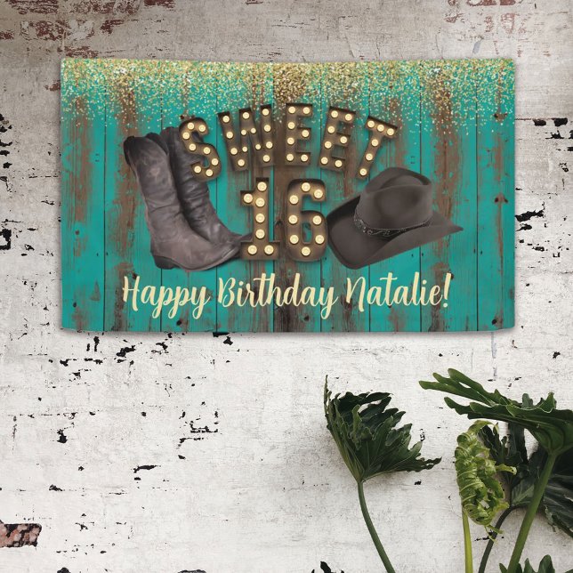 Sweet 16 Cowgirl Teal Barn Wood Rustic Birthday Banner (Creator Uploaded)
