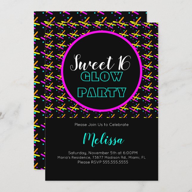 Sweet 16 Crazy Beam Neon Glow In The Dark Party Invitation (Front/Back)