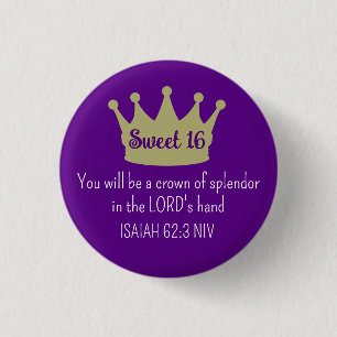 Sweet 16 Crown Bible Verse Dark Purple and Gold 3 Cm Round Badge