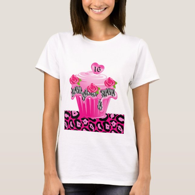 Sweet 16 Cupcake Zebra Rose Leopard Pink T-Shirt (Front)
