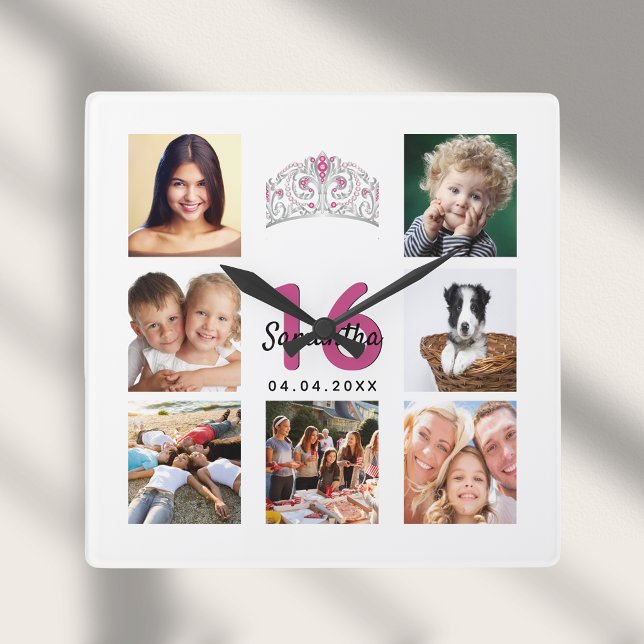 Sweet 16 custom photo collage tiara square wall clock (Creator Uploaded)