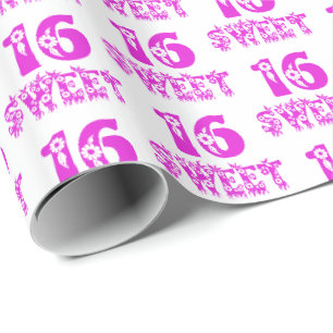 Sweet 16 Cute Floral Hot Pink Typography Wrapping Paper