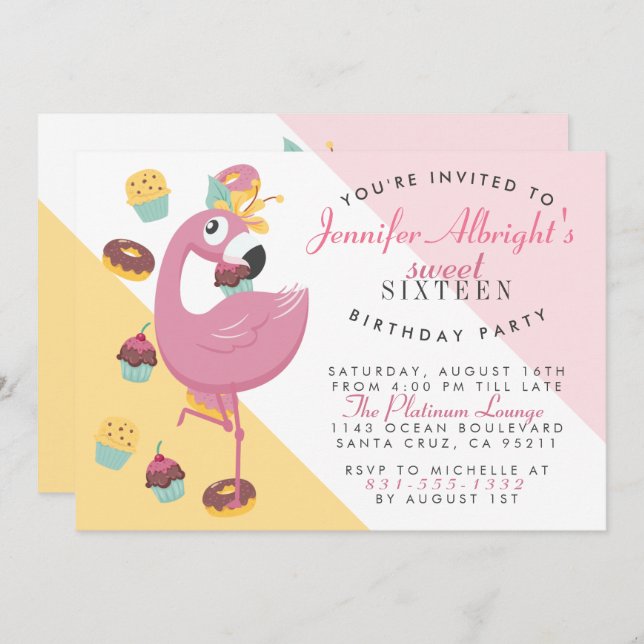 Sweet 16 Cute Pink Cartoon Flamingo Birthday Party Invitation (Front/Back)