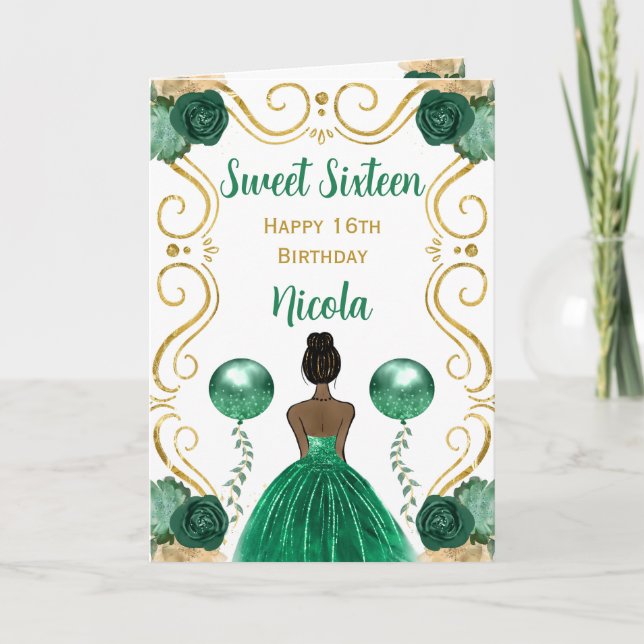 Sweet 16 Dark Skin Princess Green Happy Birthday Card (Front)