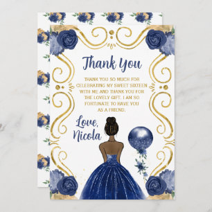 Sweet 16 Dark Skin Princess Navy Thank You Card