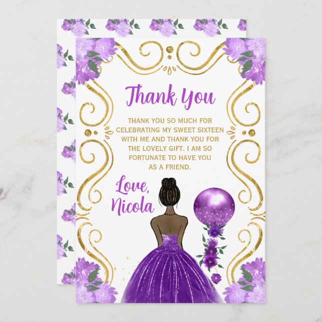 Sweet 16 Dark Skin Princess Purple Happy Birthday Thank You Card (Front/Back)