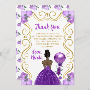 Sweet 16 Dark Skin Princess Purple Happy Birthday Thank You Card