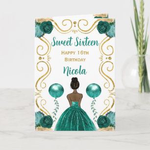 Sweet 16 Dark Skin Princess Teal Happy Birthday Card