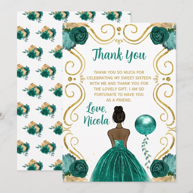 Sweet 16 Dark Skin Princess Teal  Thank You Card (Front/Back)