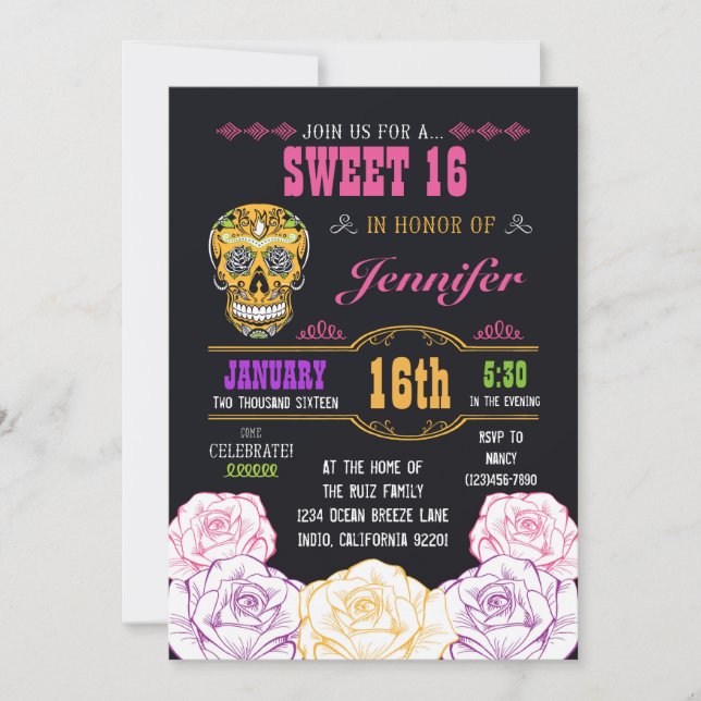 Sweet 16 Day of the Dead Sugar Skull Invitation (Front)
