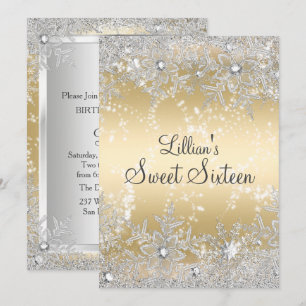 Sweet 16 Diamond Snowflake Gold Winter Wonderland Invitation