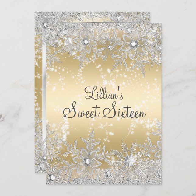 Sweet 16 Diamond Snowflake Gold Winter Wonderland Invitation (Front/Back)