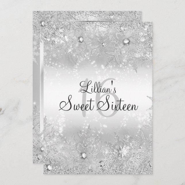Sweet 16 Diamond Snowflake Winter Wonderland Invitation (Front/Back)