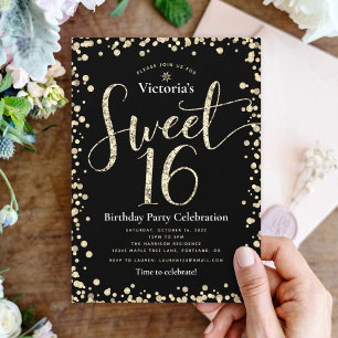 Sweet 16 Drive By Chic Black Gold Glitter Birthday Invitation
