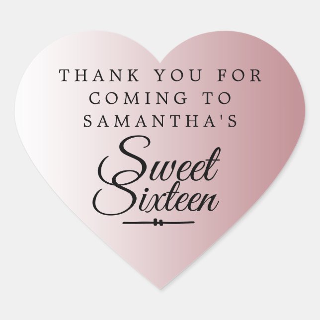 Sweet 16 Dusty Rose Thank You Custom Name Heart Sticker (Front)