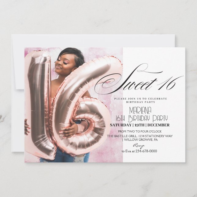  Sweet 16 Elegant and modern Photo 16th Birthday Invitation (Front)
