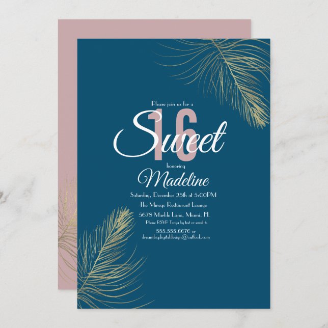 Sweet 16 Elegant Blush Pink Blue Gold Feather Invitation (Front/Back)