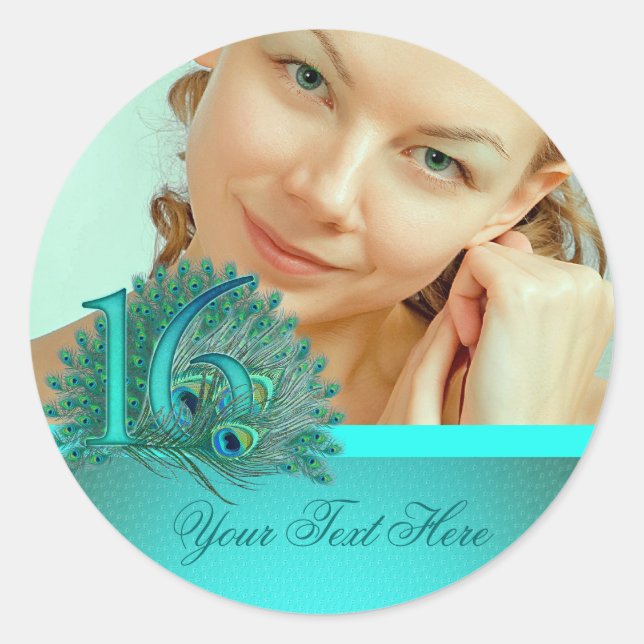 Sweet 16 elegant peacock feather template classic round sticker (Front)
