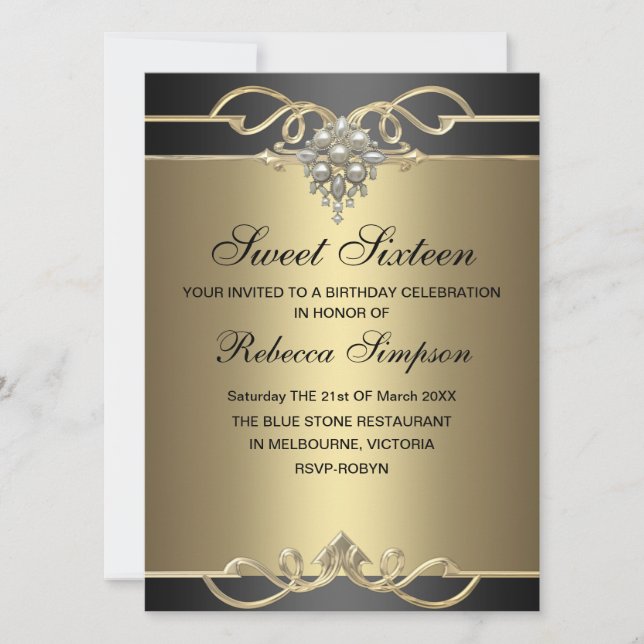 Sweet 16 Elegant Pearl Gold Birthday Invite (Front)