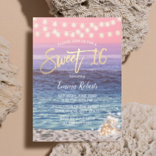 Sweet 16 Elegant Pink Beach Mason Jar String Light Invitation