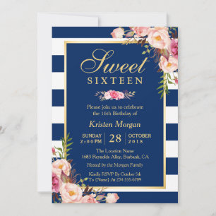 Sweet 16 Elegant Pink Floral Navy Blue Stripes Invitation