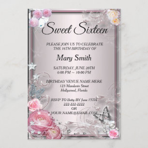 Sweet 16 Elegant Pink Roses Butterfly Birthday Invitation
