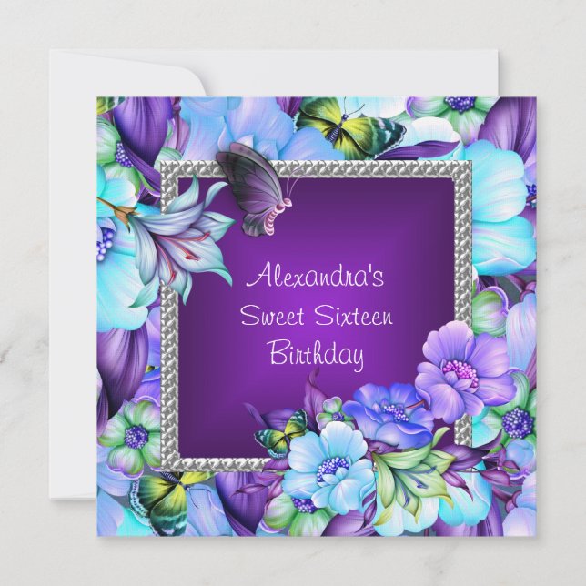 Sweet 16 Elegant Purple Silver Jewel Flowers Invitation (Front)