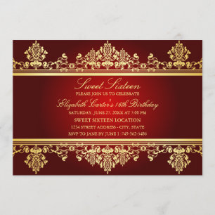 Sweet 16   Elegant Red & Gold Damask Invitation