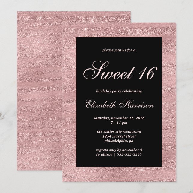 Sweet 16  Elegant Rose Gold Black Birthday Party Invitation (Front/Back)